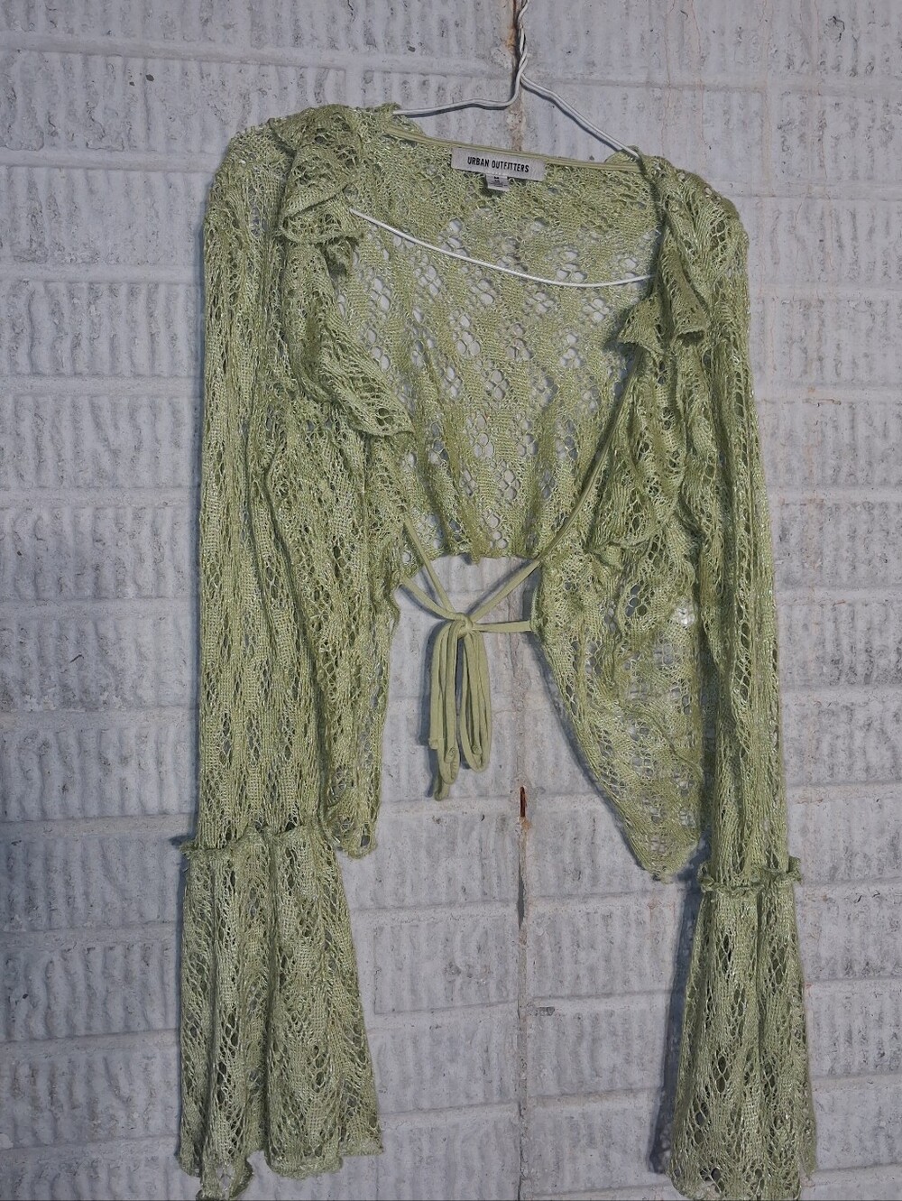 Urban Outfitters Light Green Crochet Tie-Front Cardigan Bell Sleeves Medium